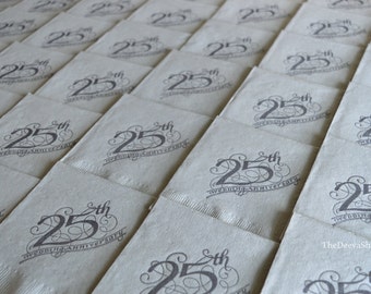 Cocktail Napkins - 25th Wedding Anniversary -  Hand Stamped Beverage Cocktail Napkins - 25th Party Decor - Personalized Cocktail Napkins