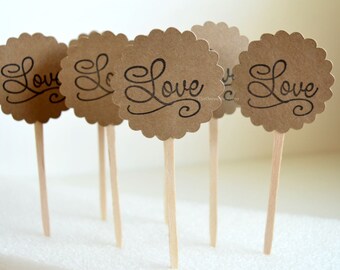 Cupcake Toppers - Hand Stamped Love Picks - Bridal Shower Dessert Toppers - Party Food Picks - Sandwich Picks - Country Rustic Weddings