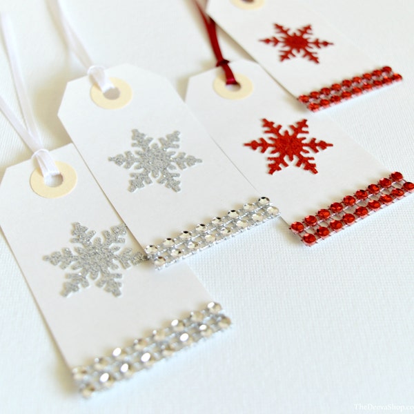 Christmas Gift Tags - Holiday Glitter Snowflake Gift Tags - Silver Red Snowflake Favor Tags - Winter Theme Favor - Winter Wedding Bling Tags