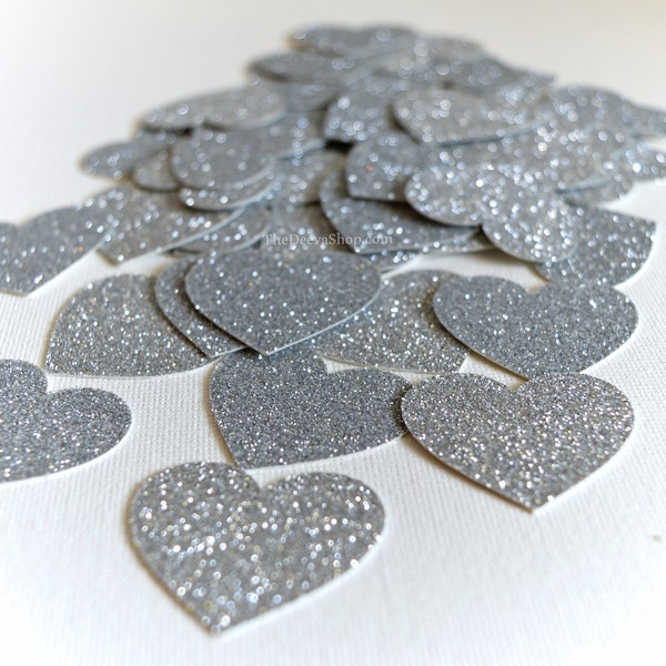 Glitter Confetti - Silver Glitter Confetti Hearts - Glitter Wedding Decor or Party Cut Out Glitter Hearts - Table Scatter - Confetti 50 Pcs