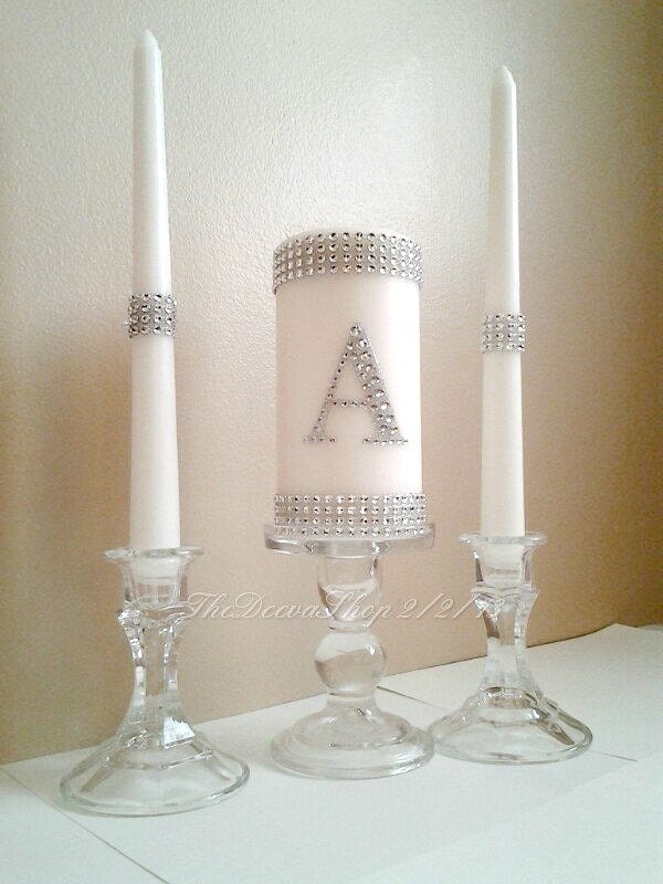 Unity Candle - Unity Wedding Candle Set - Silver Bling Monogram - Whi…