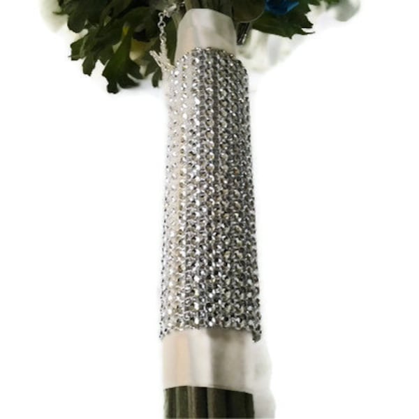 Bridal Bouquet Wrap - Silver Bling Rhinestone Floral Wrap - Wedding Flower Wrap - Bridesmaid Flower Holder Wrap