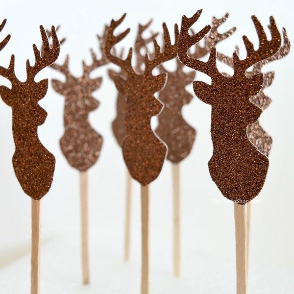 Cupcake Toppers - Glitter Deer Buck Heads - Dessert Toppers - Buck and Doe Food Picks - Sandwich Picks - Birthday Party - Country Weddings