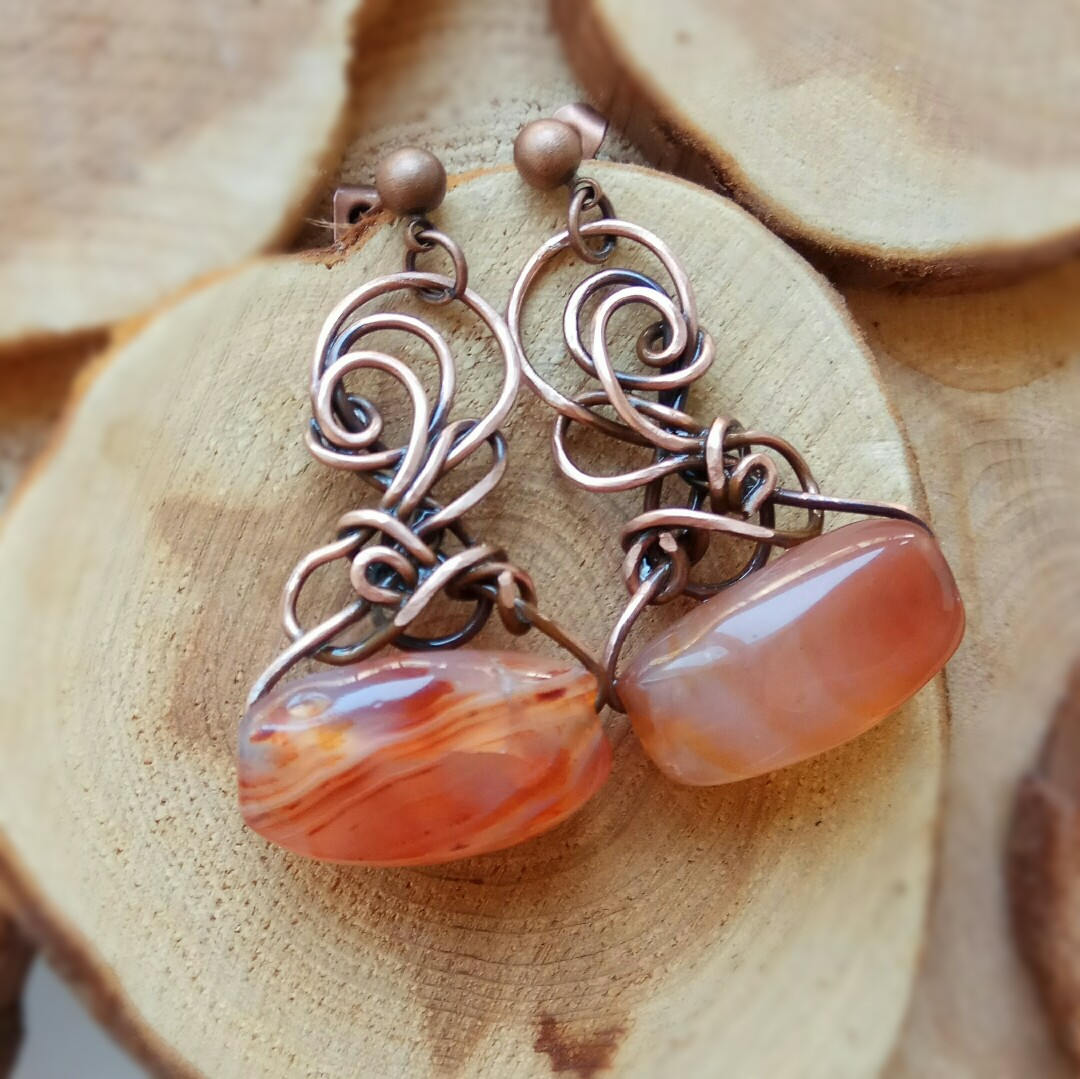 Copper wire wraped orange carnelian gemstone stud earrings | Etsy