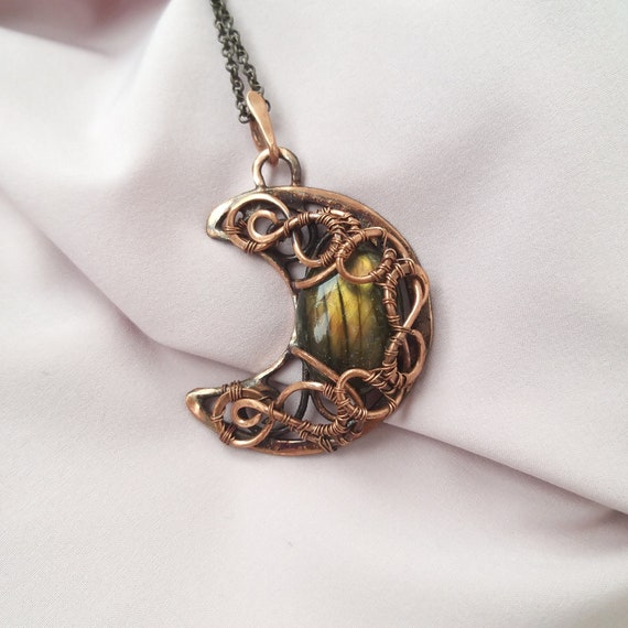 Long Necklace Copper Pendant Green and Gold Flash Labradorite Pendant Labradorite Jewelry Wire Wraped Jewelry 7th Anniversary Gift