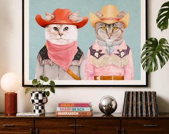 Cowboy Cats Art Print, Colorful Eclectic Wall Art, Maximalist Decor, Western Cat Lovers Gift