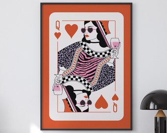 Queen of Hearts Art Print Playing Card Dorm Decor Maximalist Wall Art Ladies Night Bar Cart Preppy Girls Room