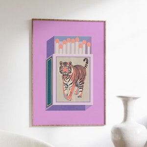 Retro Matchbox Art Print Pink Lavendar Luxe Boho Chic Maximalist Wall Art Tiger Print image 1