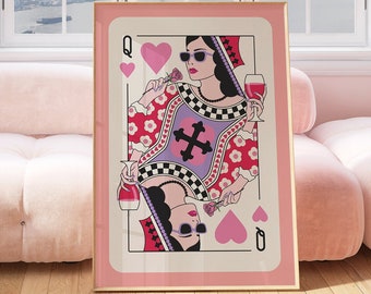 Queen of Hearts Digital Printable Girls College Dorm Roommate Gift, Preppy Dorm Decor Maximalist Wall Art 70s Retro Poker Playing Card