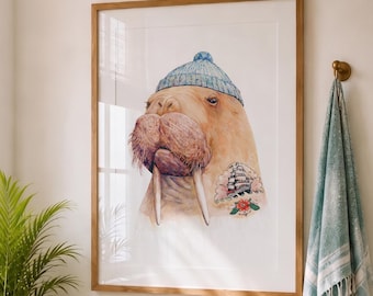 Tattooed Walrus Print, Whimsical Coastal Wall Art, Nautical Animal Portrait, Eclectic Beach House Decor