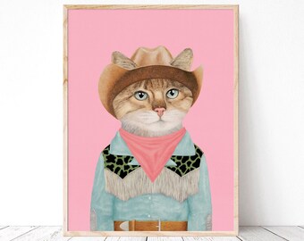 Rodeo Kitten Art Print - Colorful Cowboy Cat Art - Quirky Cowgirl Aesthetic - Maximalist Western Wall Art -