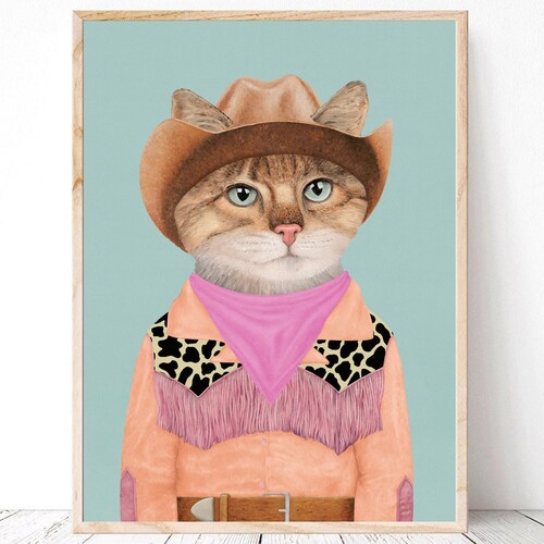Cowboy Cat Art Print Colorful Wall Art Country Western Etsy