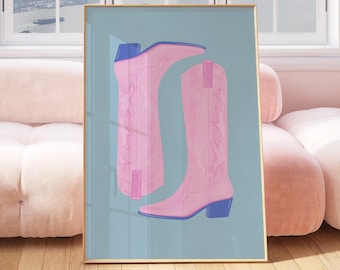 Coastal Cowgirl Boots Pastel Poster Print Trendy Preppy Cowgirl Dorm Room Wall Girly Aesthetic Blue Pink Decor