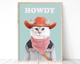 Howdy Rodeo Cat Art Print -  Western boho Dorm Room Decor - Howdy Partner Funky Cowboy Cat Wall Art