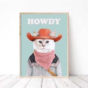 Howdy Rodeo Cat Art Print -  Western boho Dorm Room Decor - Howdy Partner Funky Cowboy Cat Wall Art