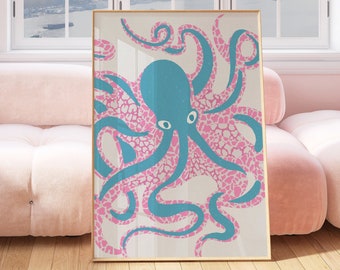 Funky Octopus Pink and Blue Coastal Wall Art Preppy Girls Room Decor Colorful Octopus Under the Sea Print Maximalist y2k Printable Poster