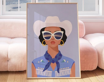 Modern Cowgirl Portrait Poster Digital Download Blue Luxe Roommate Gift Dorm Decor For College Girls Dorm Room Chic Decor Printable Art