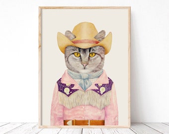 Cowboy Cat Art Print - Country Western Pastel Wall Decor, Boho Western Print, Southwestern Home decor, Quirky Modern Decor