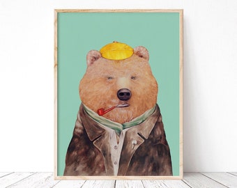 Brown Bear Art Print - Papa Bear Print - Dapper Animals- Teal Wall Art