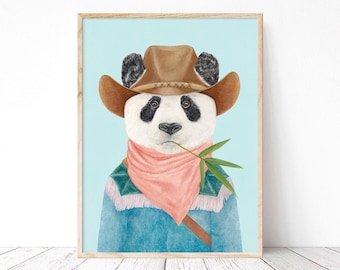 Cowboy Panda Art Print - Colorful Country Western Wall art - Panda Pastel Room Decor