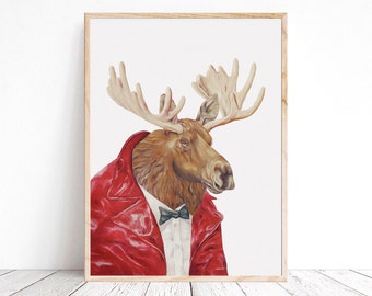 Moose in Maroon Art Print - Boys Room Print - Modern Animal Wall Art