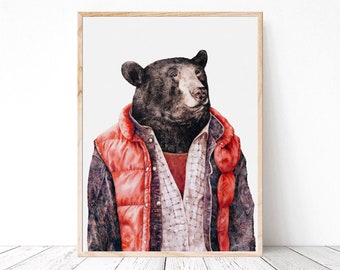 Black Bear Art Print - Hipster Animals - Woodland Adventure Kids Bear Poster