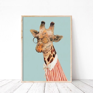 Girls Room Giraffe Art, Trendy Kids Room Decor, Funny Giraffe Nursery, Modern Animal Illustration