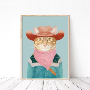 Orange Cat Cowboy Art Print - Colorful Blue Pink Wall Art - Quirky Western Pets Decor - Eclectic Maximalist Wall Art
