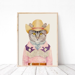 Cowboy Cat Art Print - Country Western Pastel Wall Decor, Boho Western Print, Southwestern Home decor, Quirky Modern Decor