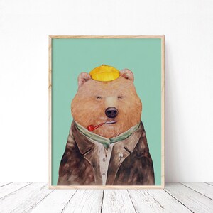 Brown Bear Art Print - Papa Bear Print - Dapper Animals- Teal Wall Art