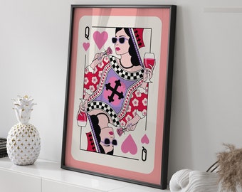 Queen of Hearts Print, Dorm Room Wall Art, Girls Roommate Gift, Preppy Dorm Decor Maximalist Prints, Retro Poker Playing Card