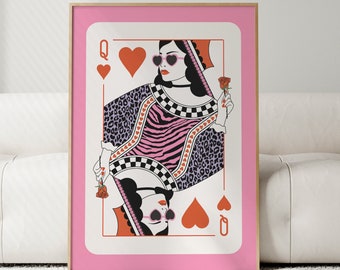 Queen of Hearts Rose Playing Card Leopard Dorm Decor Maximalist Wall Art Ladies Night Champaign Bar Cart Preppy Girls Room