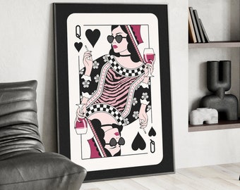 Queen of Hearts Goth Girl Funky Playing Card Dorm Decor Maximalist Wall Art Ladies Night Bar Cart Preppy Girls Room