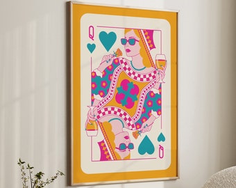 Queen of Hearts Print, Colorful Wall Art, Funky Dopamine Decor, Retro Preppy Dorm Decor Maximalist Wall Art Ladies Night Playing Card