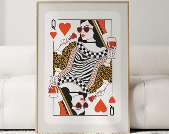 Queen of Hearts Pop Art Print Funky Retro Leopard Dorm Decor Maximalist Wall Art Ladies Night Wine Bar Cart Preppy Girls Room