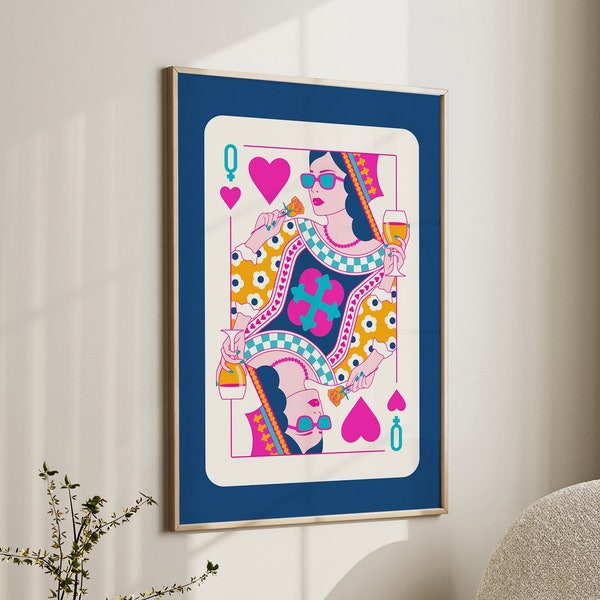 Queen of Hearts Poster Digital Download Dopamine Dorm Decor Roommate Gift Printable Maximalist Wall Art y2k Poster Bar Cart Print