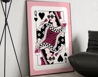 Queen of Hearts Print, Dorm Room Decor, Playing Card Maximalist Wall Art, Moody Girl Room Decor