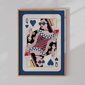 Queen of Hearts Print, Colorful Wall Art, Trendy Dopamine Decor, Retro College Dorm Decor Maximalist Wall Art Bachelorette Playing card