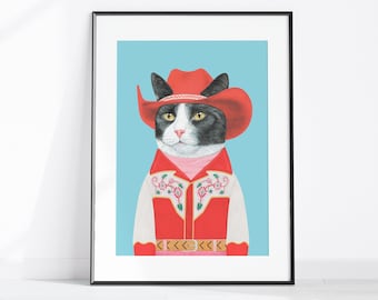 Tuxedo Cat Cowboy Kunstdruck - Bunte Western Retro Rodeo Wandkunst, Urlaub Haustier Porträt Geschenke, Eklektisches Ranch Dekor