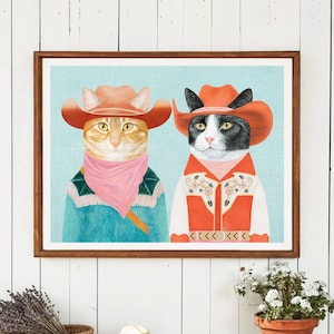 Cowboy Cat Art Print | Vintage Americana Decor | Retro Western Ranch Wall Art  | Quirky Cat Lover Gift | Colorful Mid-century Artwork