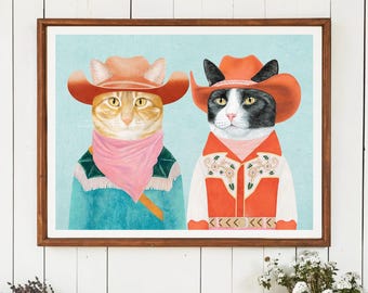 Lámina artística de gato vaquero / Decoración vintage americana / Arte mural retro de rancho del oeste / Regalo original para amantes de los gatos / Obra de arte colorida de mediados de siglo
