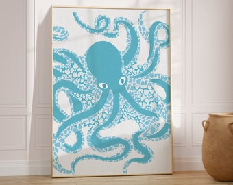 Octopus Under the Sea Blue Tropical Coastal Wall Art Print Beach House Interior Decor Blue Nautical Living Room Decor Eclectic Wall Art