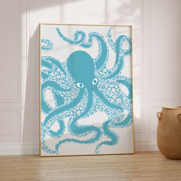 Octopus Under the Sea Blue Tropical Coastal Wall Art Print Beach House Interior Decor Blue Nautical Living Room Decor Eclectic Wall Art