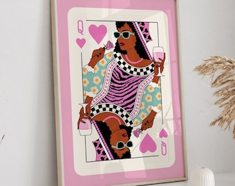 Black Queen of Hearts Digital Download Pink Preppy Dorm Decor Roommate Gift Printable Wall Art y2k Aesthetic Pop Art