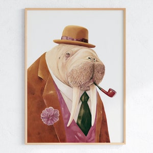 Walrus Painting Digital Download Printable Wall Art, Dapper Animals in Clothes Retro Vintage Mid century Room Decor image 1