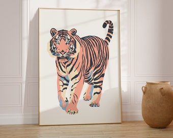 Tiger Pop Art Print Boho Chic Funky Dorm Decor Maximalist Wall Art Pink Coral Color Luxe Tiger Asthetic Poster