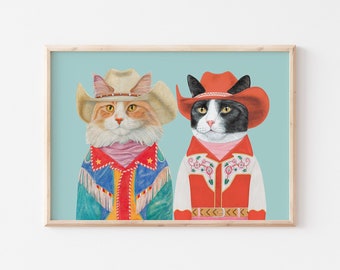 Cowboy Cats Art Print - Ginger Cat Tuxedo Cat  - Colorful Maximalist Decor -  Funky Western Eclectic Room Decor