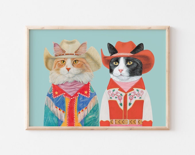 Cowboy Cats Art Print - Ginger Cat Tuxedo Cat  - Colorful Maximalist Decor -  Funky Western Eclectic Room Decor
