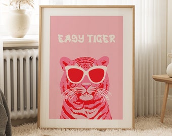 Red and Pink Tiger Pop Art Print Dopamine Dorm Decor Colorful Maximalist Wall Art Preppy College Girls Dorm Room Decor