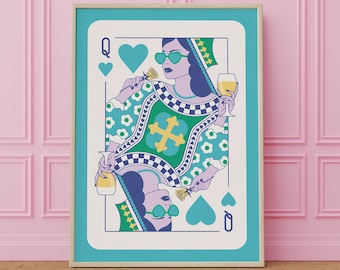 Queen of Hearts Print, Dorm Room Decor, Blue Green Retro Maximalist Wall Art, Ladies Night Bar Cart Pop Art, Trendy College Dorm Decor